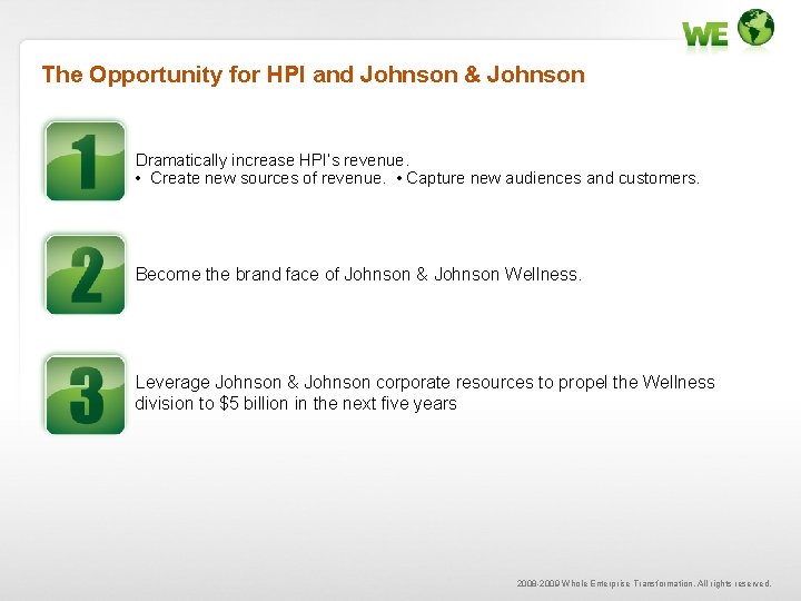 The Opportunity for HPI and Johnson & Johnson Dramatically increase HPI’s revenue. • Create