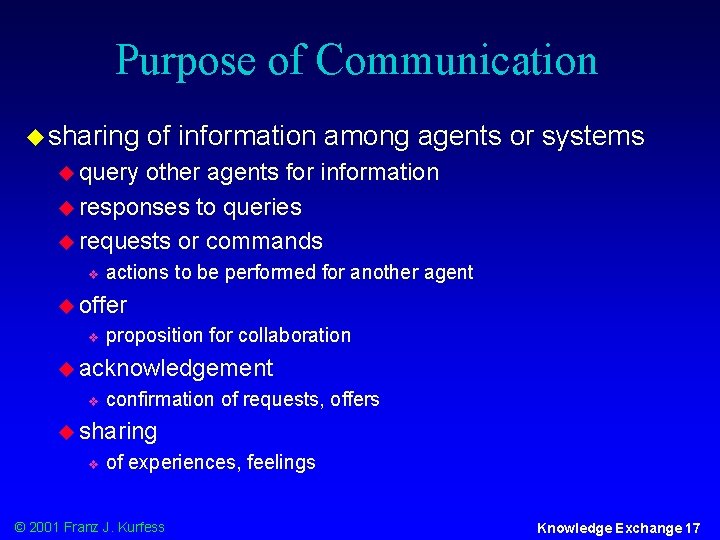 Purpose of Communication u sharing of information among agents or systems u query other