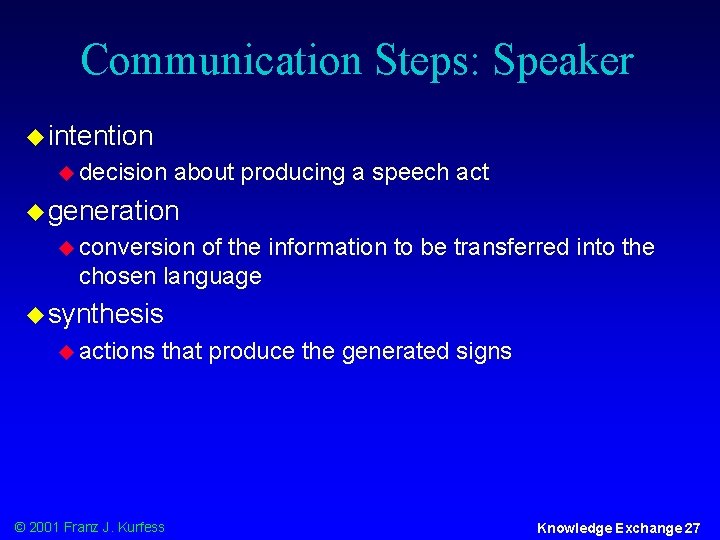 Communication Steps: Speaker u intention u decision about producing a speech act u generation