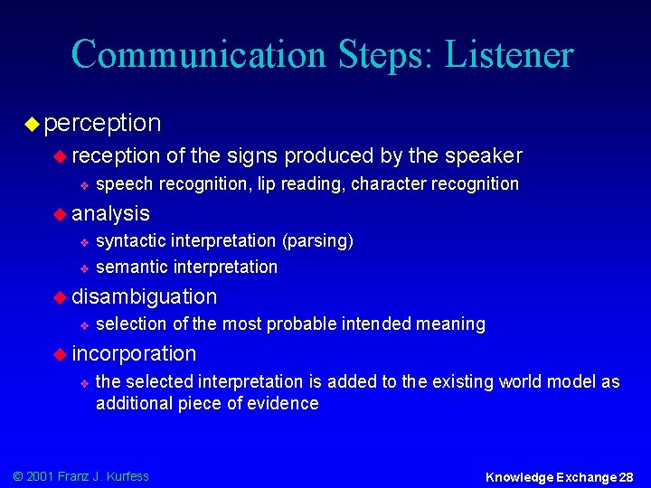 Communication Steps: Listener u perception u reception v of the signs produced by the