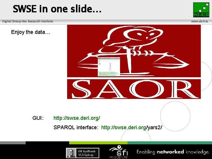 SWSE in one slide… Digital Enterprise Research Institute www. deri. ie Enjoy the data…