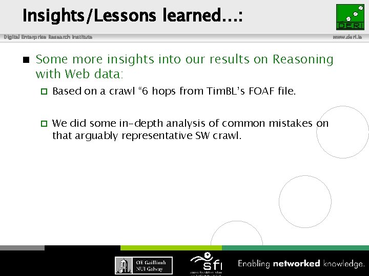 Insights/Lessons learned…: Digital Enterprise Research Institute n 60 www. deri. ie Some more insights