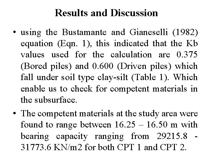 Results and Discussion • using the Bustamante and Gianeselli (1982) equation (Eqn. 1), this