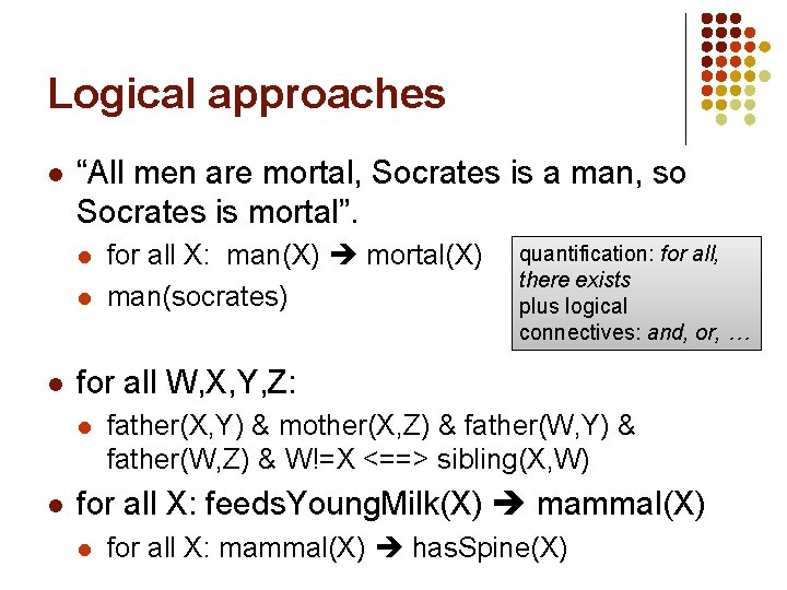 Logical approaches l “All men are mortal, Socrates is a man, so Socrates is