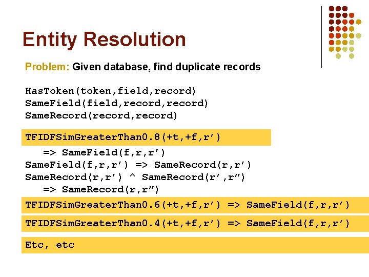 Entity Resolution Problem: Given database, find duplicate records Has. Token(token, field, record) Same. Field(field,