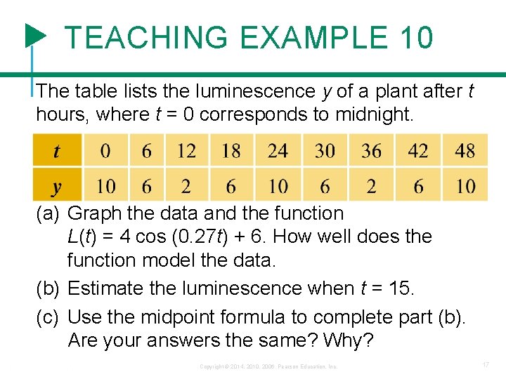 TEACHING EXAMPLE 10 The table lists the luminescence y of a plant after t