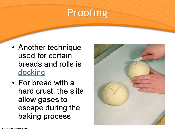 Proofing • Another technique used for certain breads and rolls is docking • For