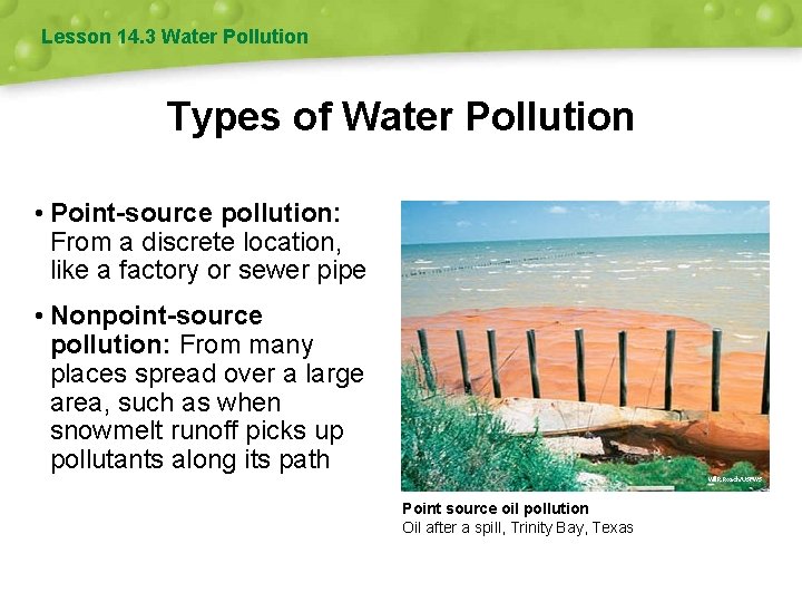 Lesson 14. 3 Water Pollution Types of Water Pollution • Point-source pollution: From a