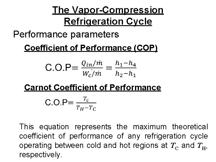 The Vapor-Compression Refrigeration Cycle Performance parameters Coefficient of Performance (COP) Carnot Coefficient of Performance