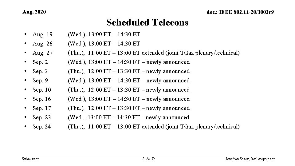 Aug. 2020 doc. : IEEE 802. 11 -20/1002 r 9 Scheduled Telecons • •