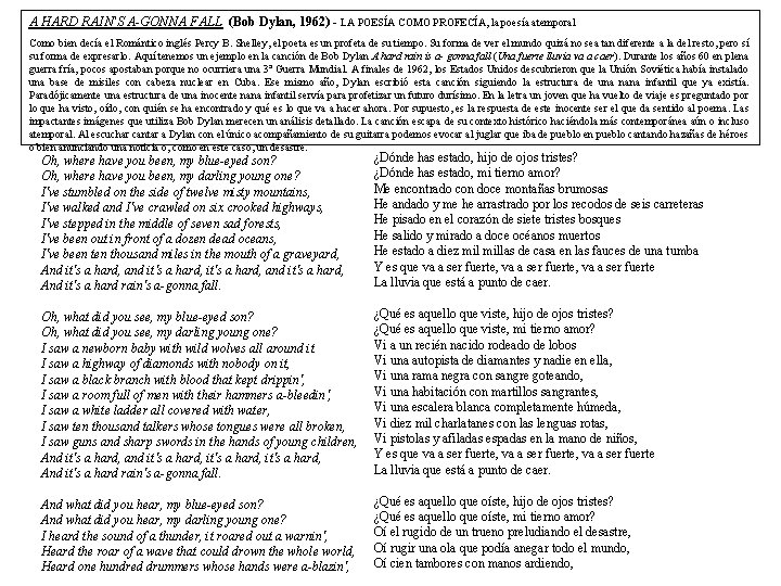 A HARD RAIN'S A-GONNA FALL (Bob Dylan, 1962) - LA POESÍA COMO PROFECÍA, la