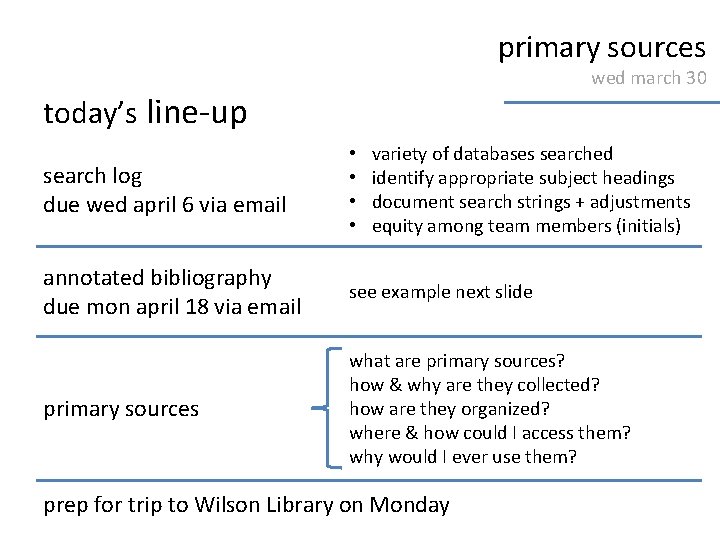 primary sources wed march 30 today’s line-up variety of databases searched identify appropriate subject