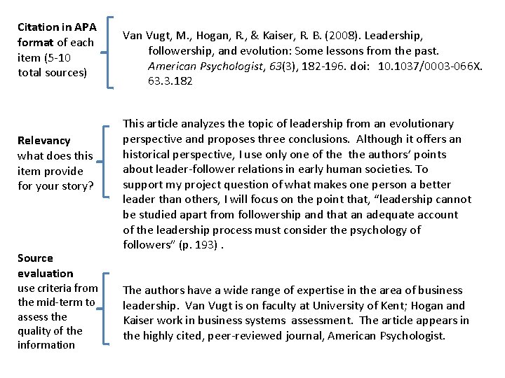 Citation in APA format of each item (5 -10 total sources) Relevancy what does