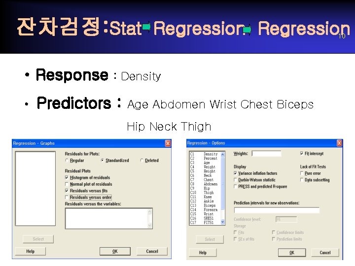 잔차검정: Stat Regression 10 • Response : Density • Predictors : Age Abdomen Wrist