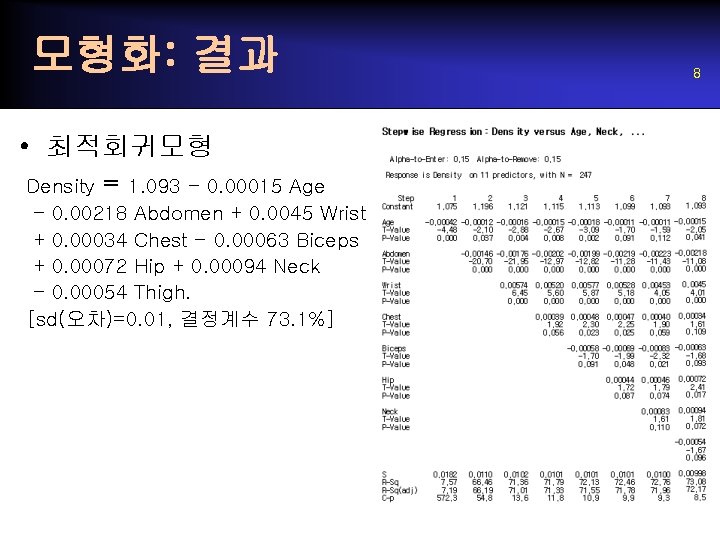 모형화: 결과 • 최적회귀모형 Density = 1. 093 - 0. 00015 Age - 0.