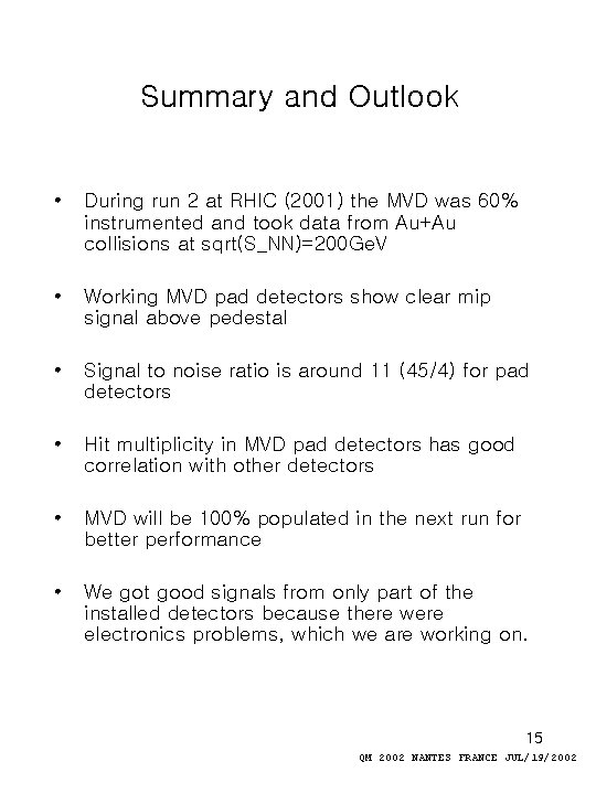 Summary and Outlook • During run 2 at RHIC (2001) the MVD was 60%