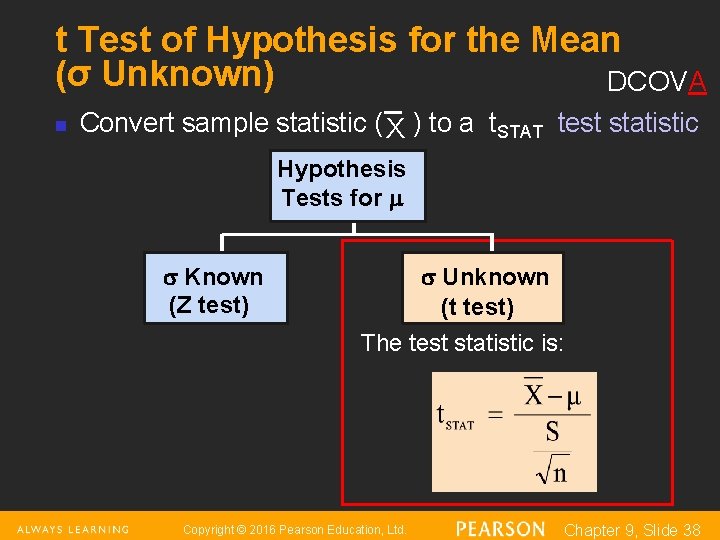 t Test of Hypothesis for the Mean (σ Unknown) DCOVA n Convert sample statistic
