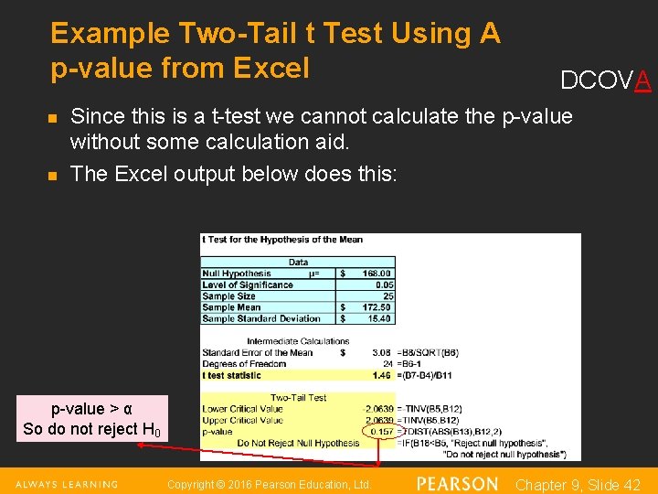 Example Two-Tail t Test Using A p-value from Excel n n DCOVA Since this