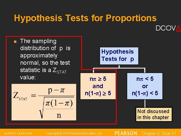 Hypothesis Tests for Proportions DCOVA n The sampling distribution of p is approximately normal,