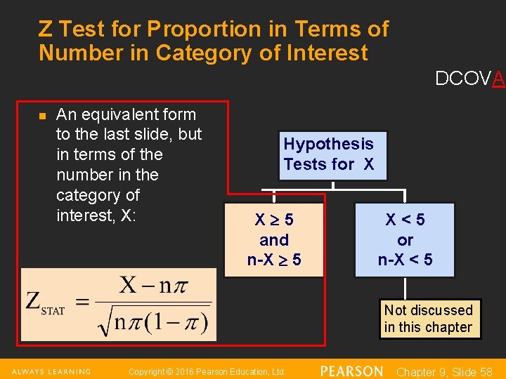 Z Test for Proportion in Terms of Number in Category of Interest DCOVA n