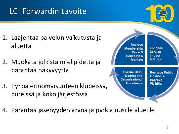 LCI Forwardin tavoite 1. Laajentaa palvelun vaikutusta ja aluetta 2. Muokata julkista mielipidettä ja