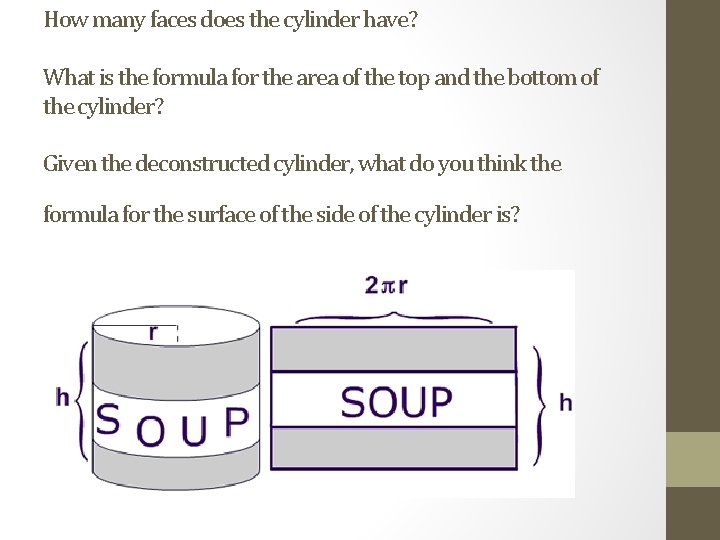 How many faces does the cylinder have? What is the formula for the area