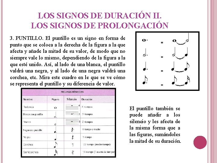 LOS SIGNOS DE DURACIÓN II. LOS SIGNOS DE PROLONGACIÓN 3. PUNTILLO. El puntillo es