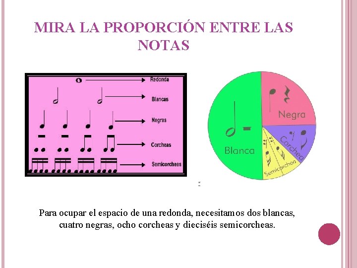 MIRA LA PROPORCIÓN ENTRE LAS NOTAS Para ocupar el espacio de una redonda, necesitamos