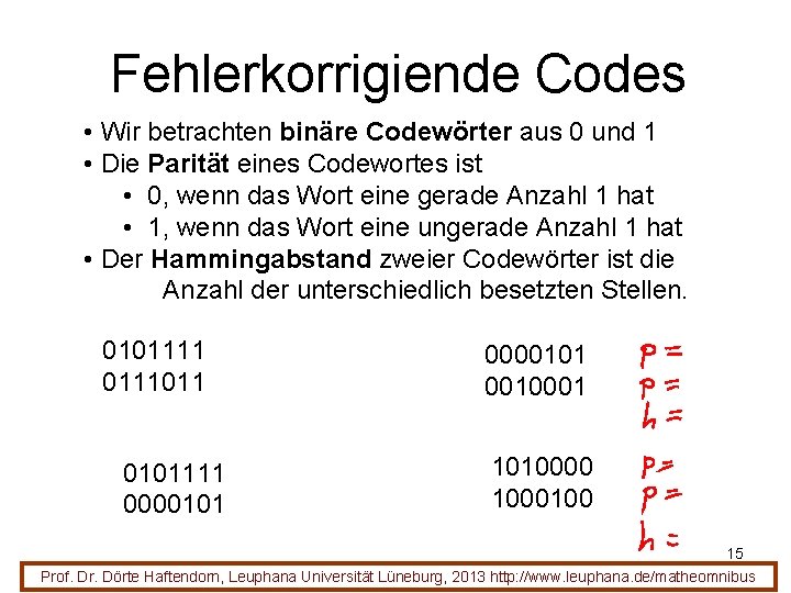 Fehlerkorrigiende Codes • Wir betrachten binäre Codewörter aus 0 und 1 • Die Parität