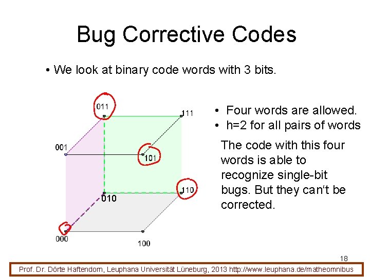 Bug Corrective Codes • We look at binary code words with 3 bits. •