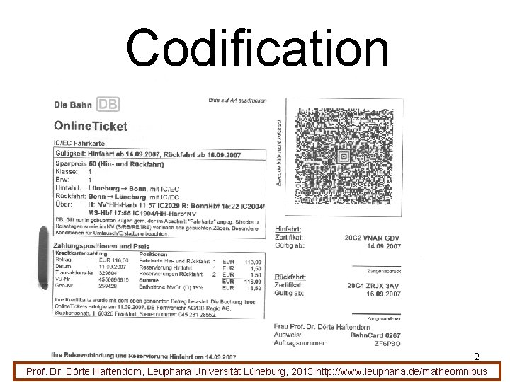 Codification 2 Prof. Dr. Dörte Haftendorn, Leuphana Universität Lüneburg, 2013 http: //www. leuphana. de/matheomnibus