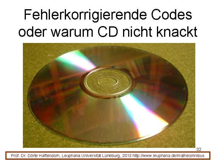 Fehlerkorrigierende Codes oder warum CD nicht knackt 32 Prof. Dr. Dörte Haftendorn, Leuphana Universität