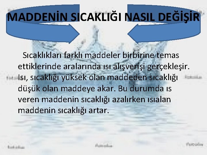 MADDENİN SICAKLIĞI NASIL DEĞİŞİR Sıcaklıkları farklı maddeler birbirine temas ettiklerinde aralarında ısı alışverişi gerçekleşir.