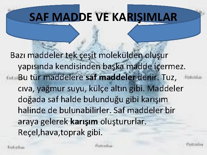 SAF MADDE VE KARIŞIMLAR Bazı maddeler tek çeşit molekülden oluşur yapısında kendisinden başka madde