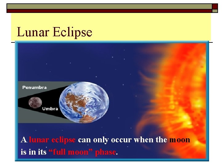 Lunar Eclipse A lunar eclipse can only occur when the moon is in its