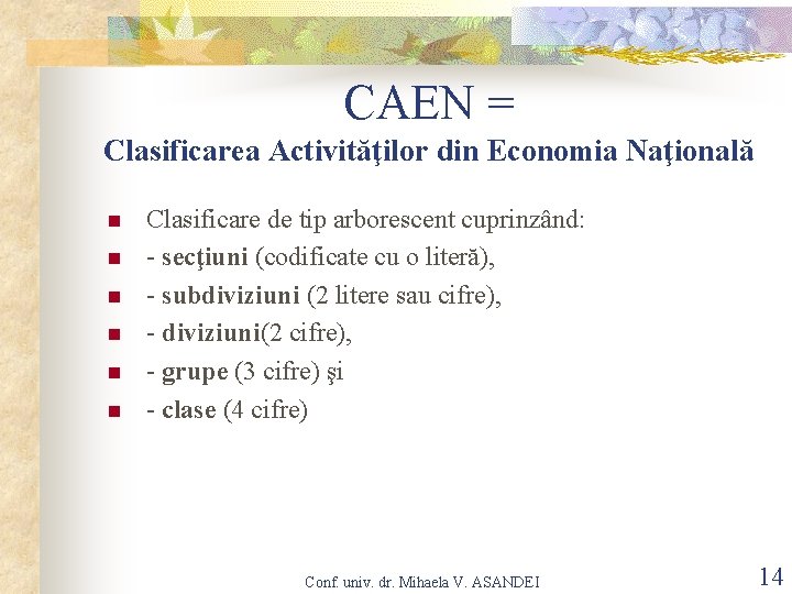 CAEN = Clasificarea Activităţilor din Economia Naţională n n n Clasificare de tip arborescent