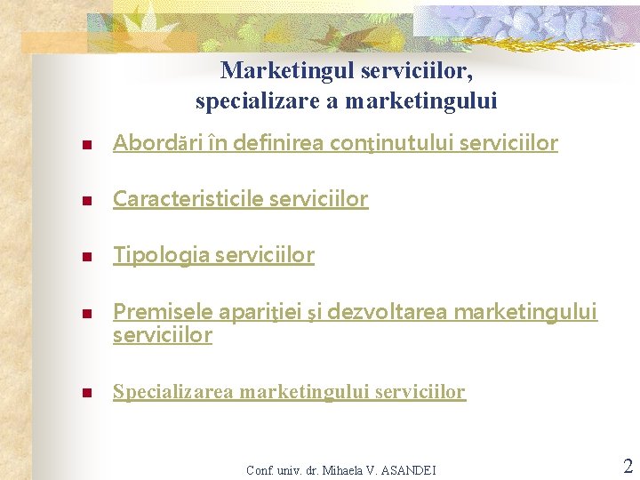 Marketingul serviciilor, specializare a marketingului n Abordări în definirea conţinutului serviciilor n Caracteristicile serviciilor