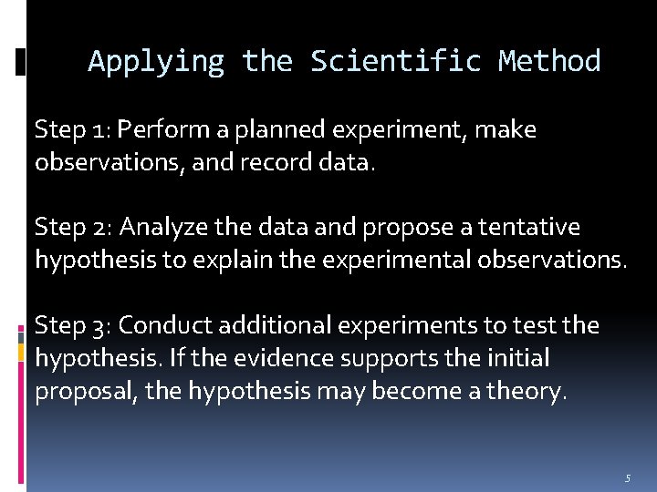 Applying the Scientific Method Step 1: Perform a planned experiment, make observations, and record