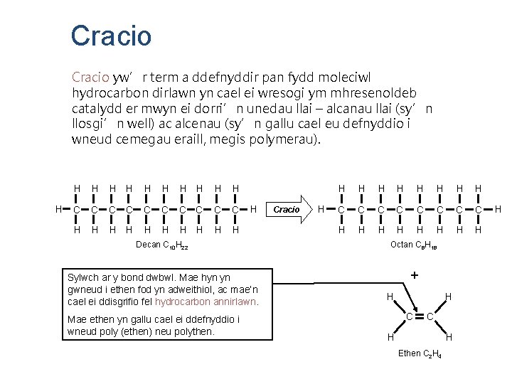 Cracio yw’r term a ddefnyddir pan fydd moleciwl hydrocarbon dirlawn yn cael ei wresogi Cracio yw’r term a ddefnyddir pan fydd moleciwl hydrocarbon dirlawn yn cael ei wresogi