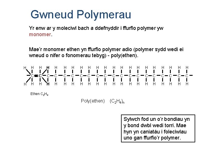 Gwneud Polymerau Yr enw ar y moleciwl bach a ddefnyddir i ffurfio polymer yw