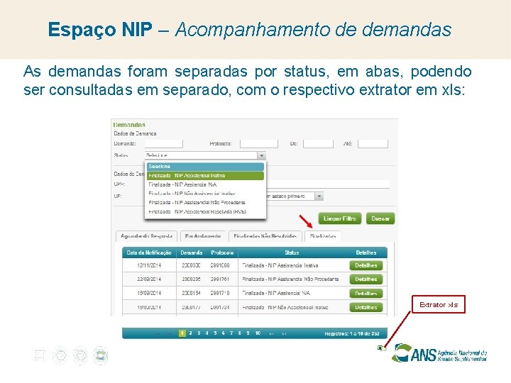 Espaço NIP – Acompanhamento de demandas As demandas foram separadas por status, em abas,