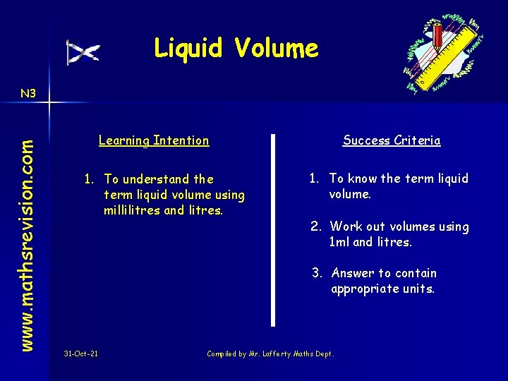 Liquid Volume www. mathsrevision. com N 3 Learning Intention 1. To understand the term