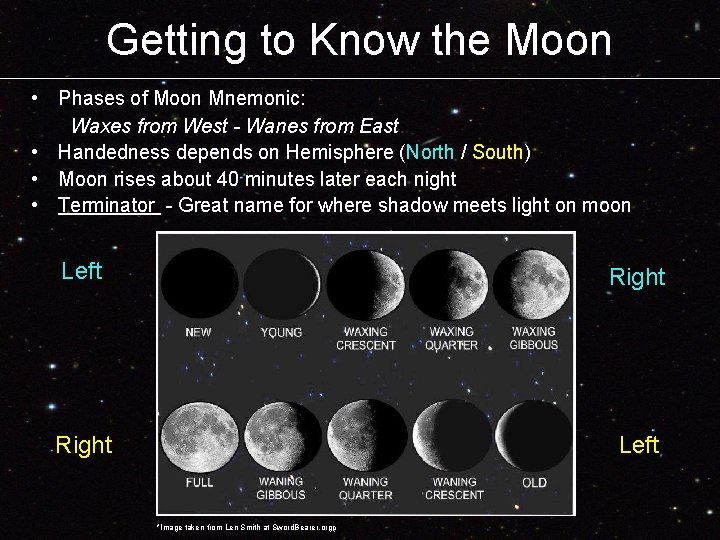 Getting to Know the Moon • Phases of Moon Mnemonic: Waxes from West -