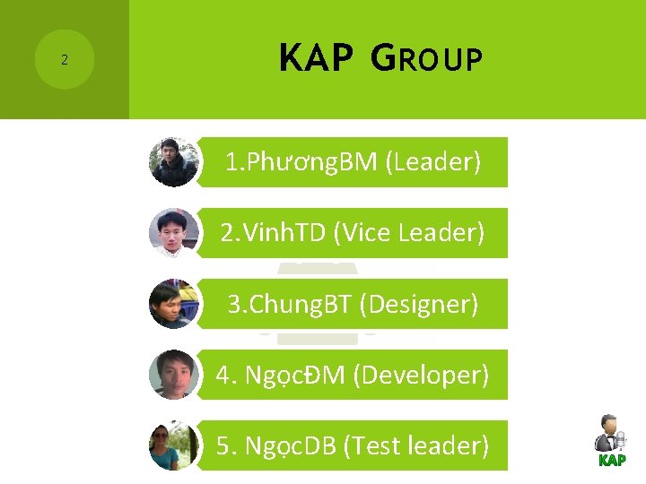 2 KAP G ROUP 1. Phương. BM (Leader) 2. Vinh. TD (Vice Leader) 3.