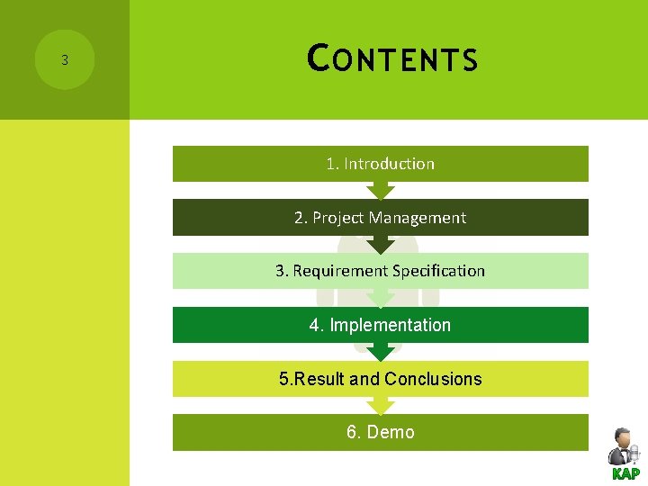 3 C ONTENTS 1. Introduction 2. Project Management 3. Requirement Specification 4. Implementation 5.