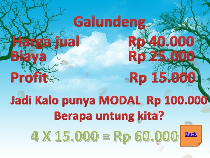 Galundeng Harga jual Rp 40. 000 Biaya Rp 25. 000 Profit Rp 15. 000