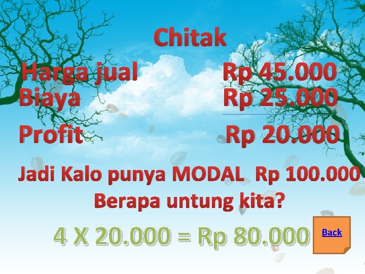 Chitak Harga jual Rp 45. 000 Biaya Rp 25. 000 Profit Rp 20. 000