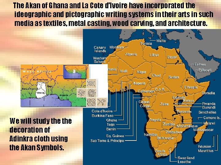 The Akan of Ghana and La Cote d’Ivoire have incorporated the ideographic and pictographic