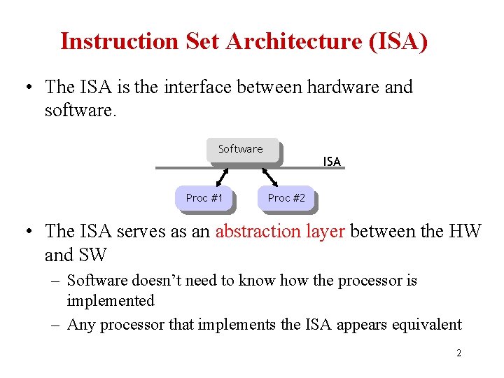 Instruction Set Architecture (ISA) • The ISA is the interface between hardware and software.