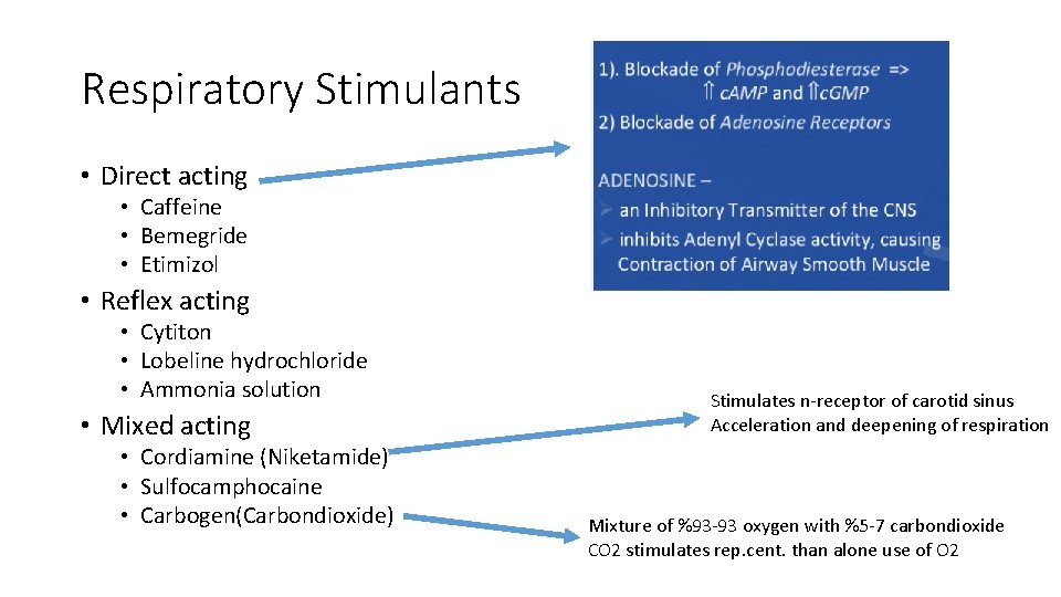 Respiratory Stimulants • Direct acting • Caffeine • Bemegride • Etimizol • Reflex acting